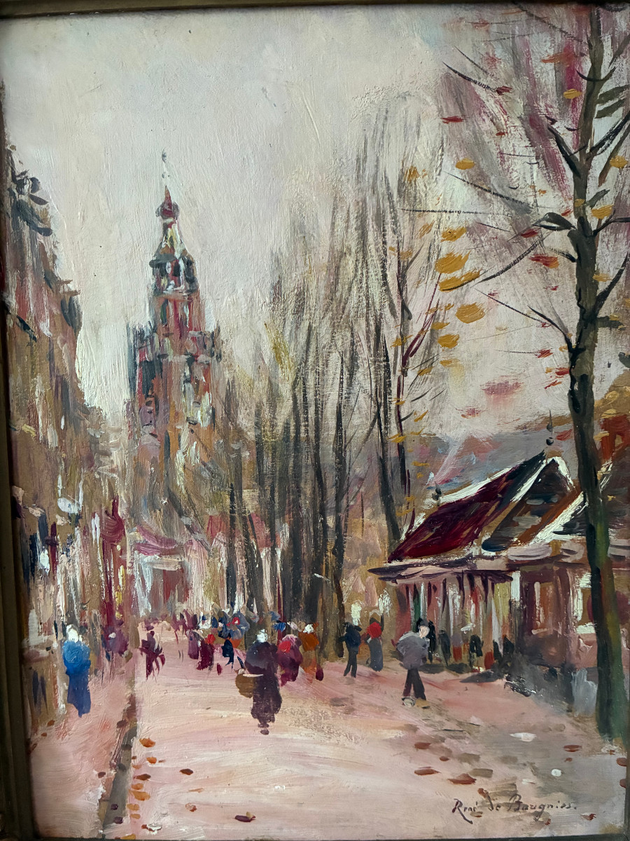Petite scène de marché postimpressionniste. René de Baugnies. Ecole Belge.-photo-2