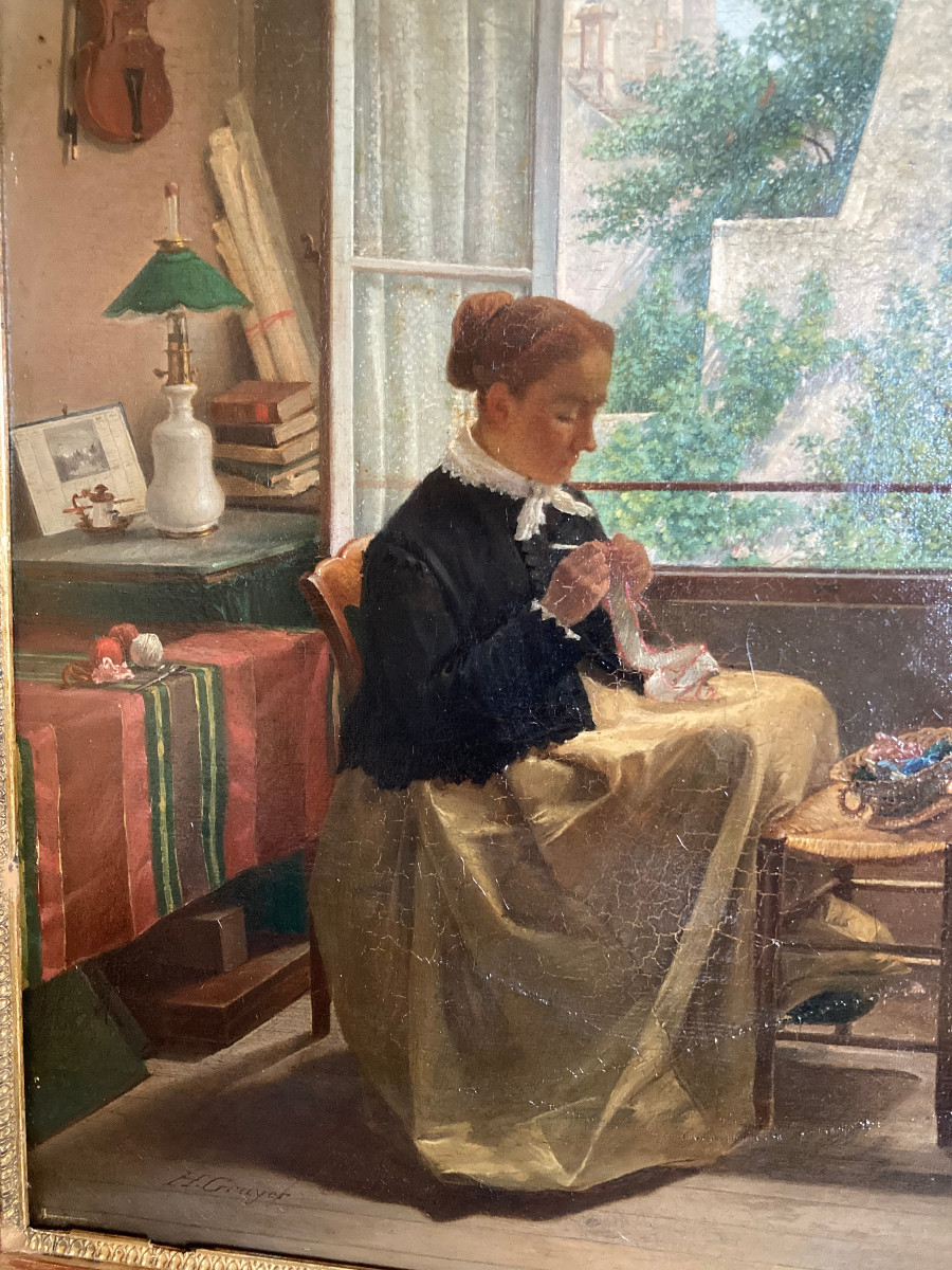 La couturière. Huile sur toile XIXème siècle. Signée ?.-photo-3