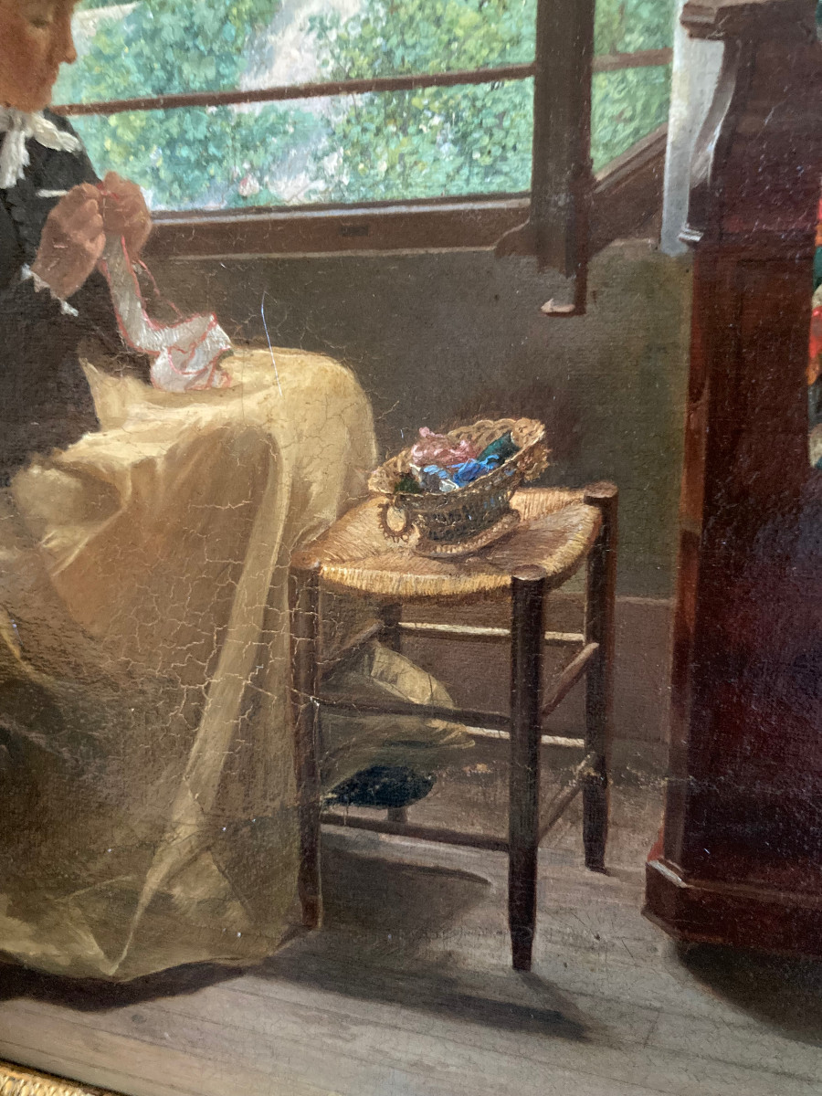 La couturière. Huile sur toile XIXème siècle. Signée ?.-photo-1