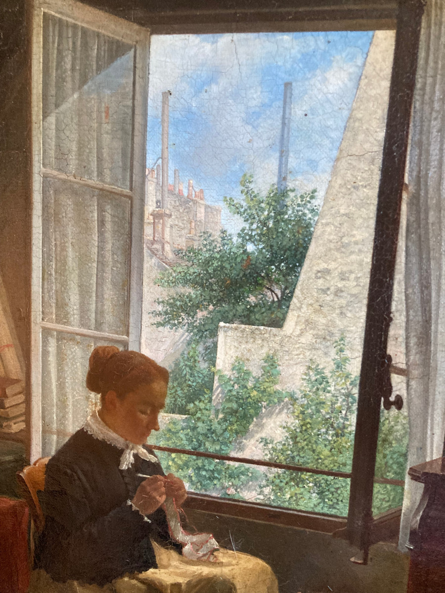 La couturière. Huile sur toile XIXème siècle. Signée ?.-photo-3