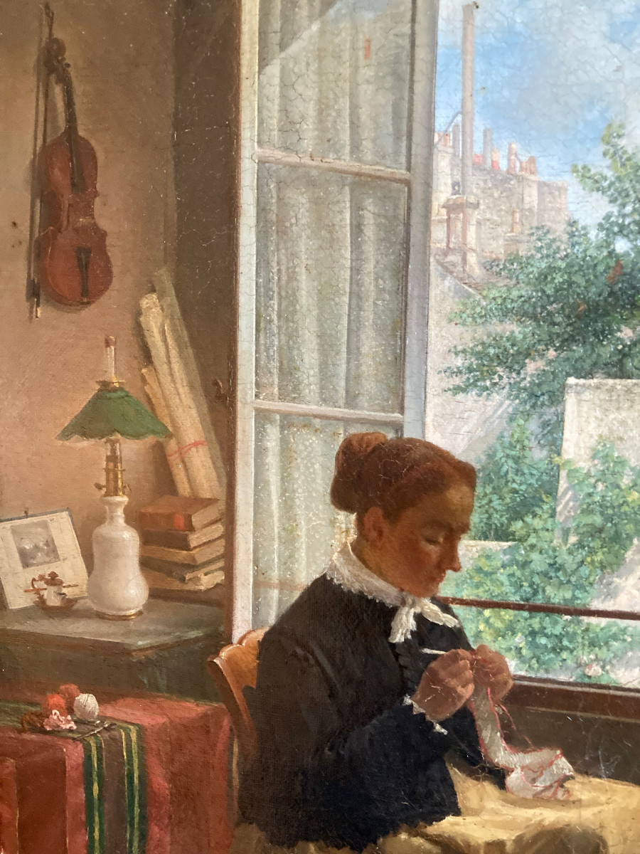 La couturière. Huile sur toile XIXème siècle. Signée ?.-photo-4