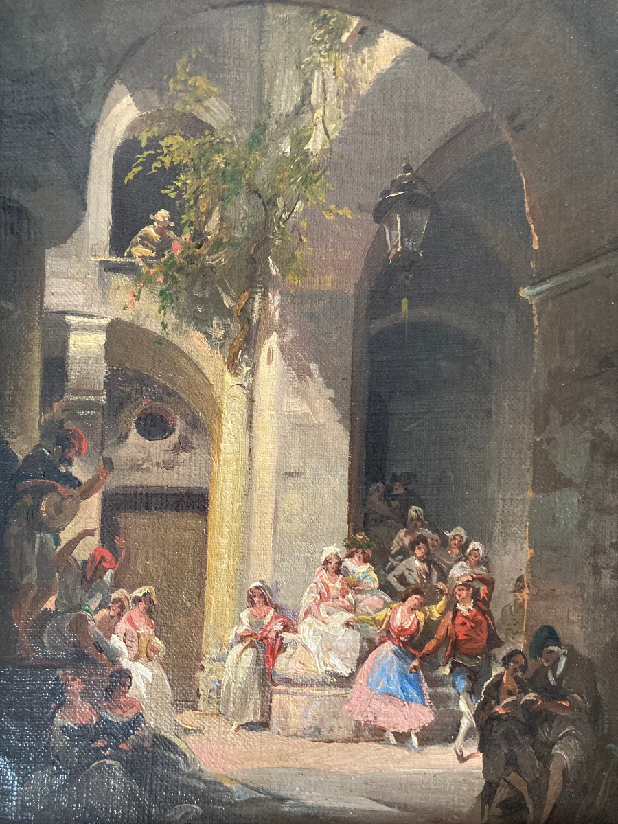 Neapolitan School, Early 19th Century. Dancers And Musicians In A Palace. Unsigned.-photo-2
