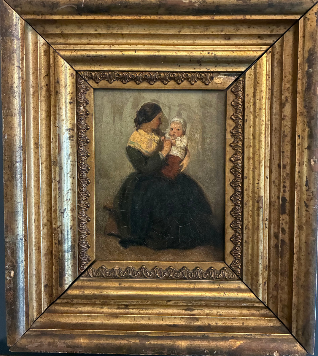 Mother And Child. Charming Small 19th Century Oil Painting On Canvas Mounted On Cardboard. -photo-2