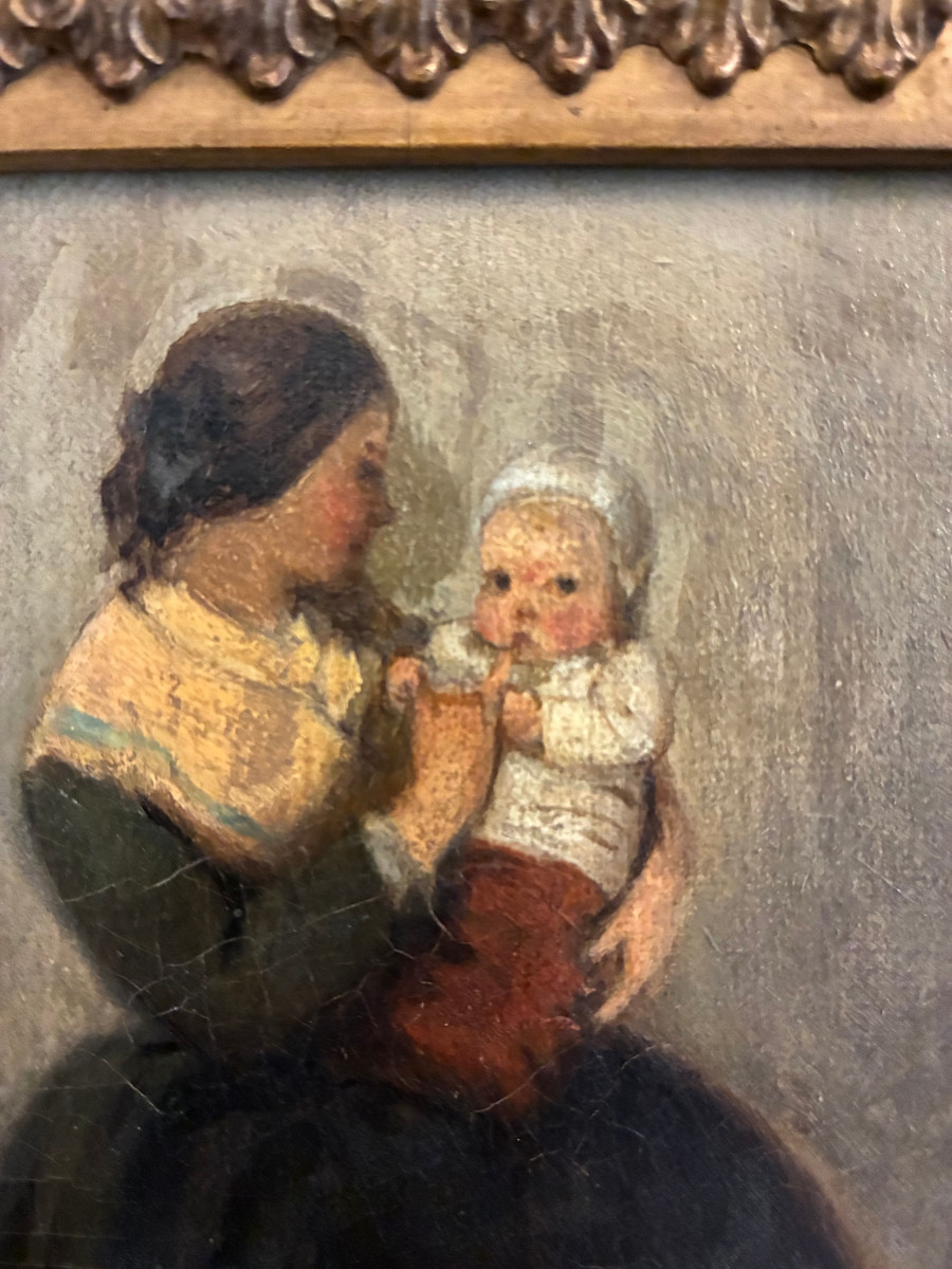 Mother And Child. Charming Small 19th Century Oil Painting On Canvas Mounted On Cardboard. -photo-2