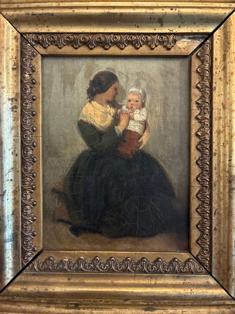 Mother And Child. Charming Small 19th Century Oil Painting On Canvas Mounted On Cardboard. -photo-3