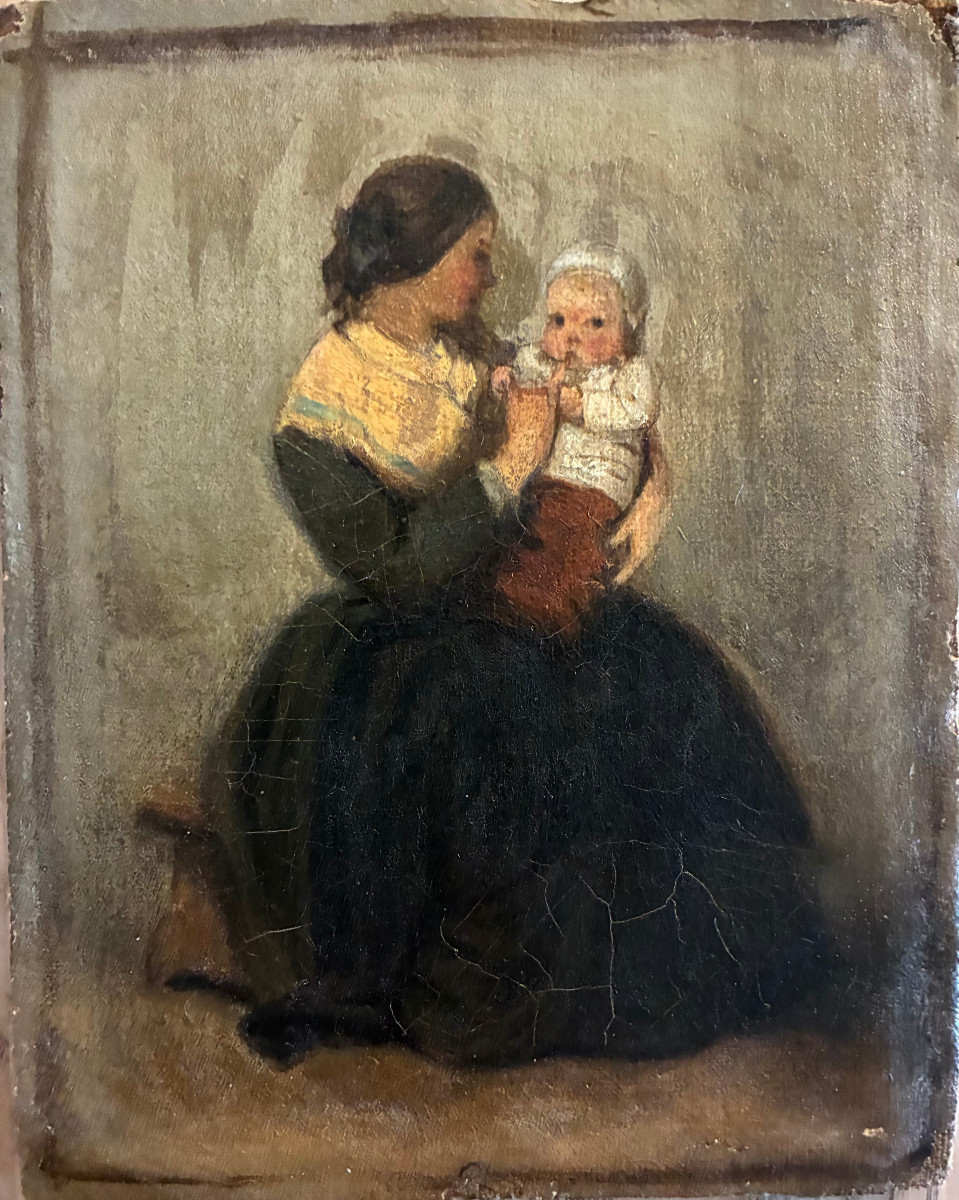 Mother And Child. Charming Small 19th Century Oil Painting On Canvas Mounted On Cardboard. -photo-6