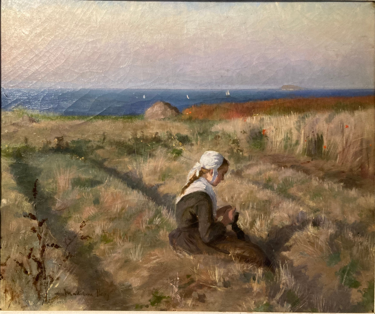Young Breton Girl By The Sea. Oil On Canvas By Madeleine Fleury. (1860-1940) French School.-photo-4