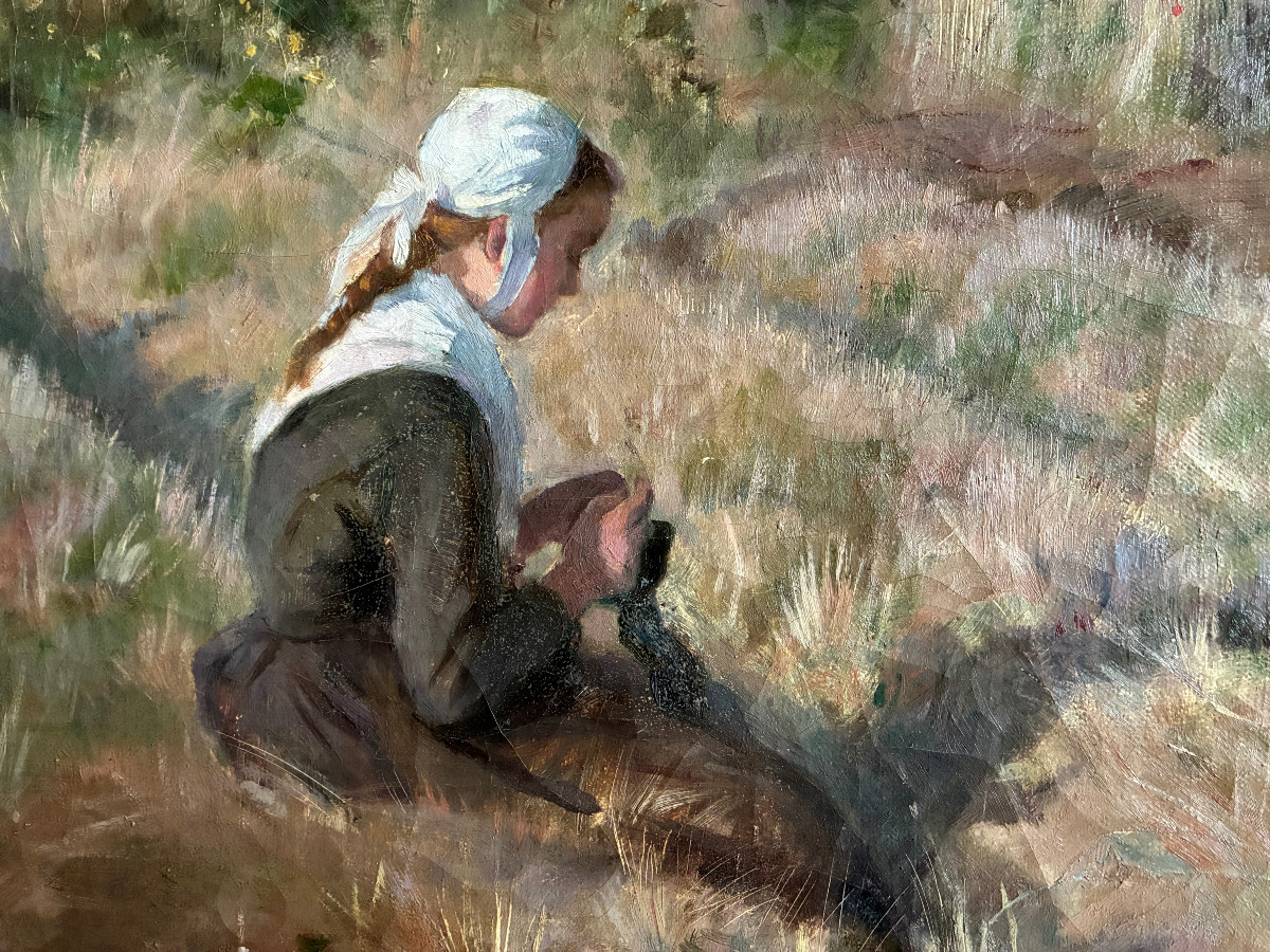 Young Breton Girl By The Sea. Oil On Canvas By Madeleine Fleury. (1860-1940) French School.-photo-2