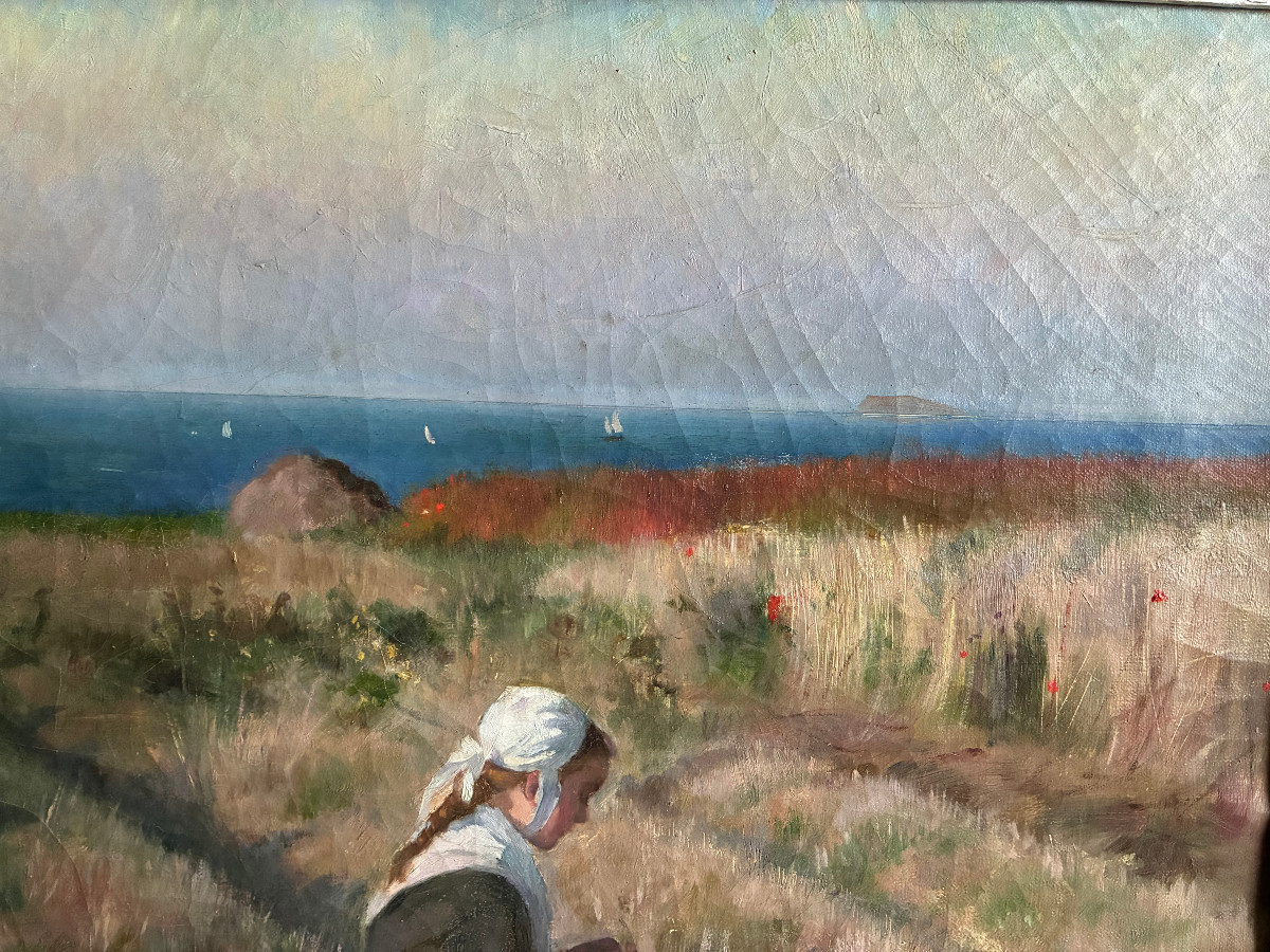 Young Breton Girl By The Sea. Oil On Canvas By Madeleine Fleury. (1860-1940) French School.-photo-3