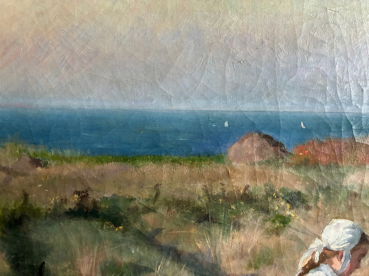 Young Breton Girl By The Sea. Oil On Canvas By Madeleine Fleury. (1860-1940) French School.-photo-4