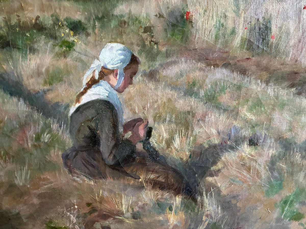 Young Breton Girl By The Sea. Oil On Canvas By Madeleine Fleury. (1860-1940) French School.-photo-5