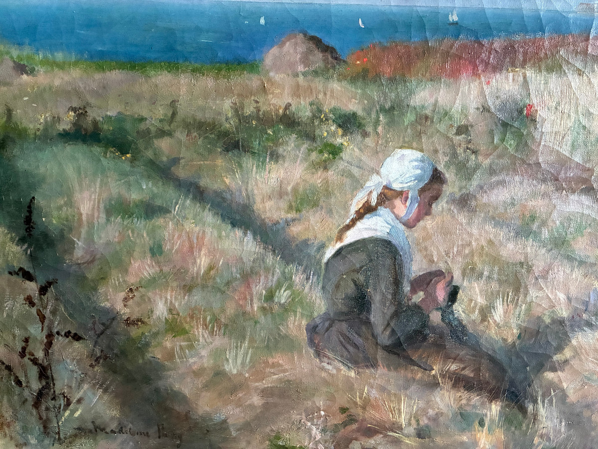 Young Breton Girl By The Sea. Oil On Canvas By Madeleine Fleury. (1860-1940) French School.-photo-6