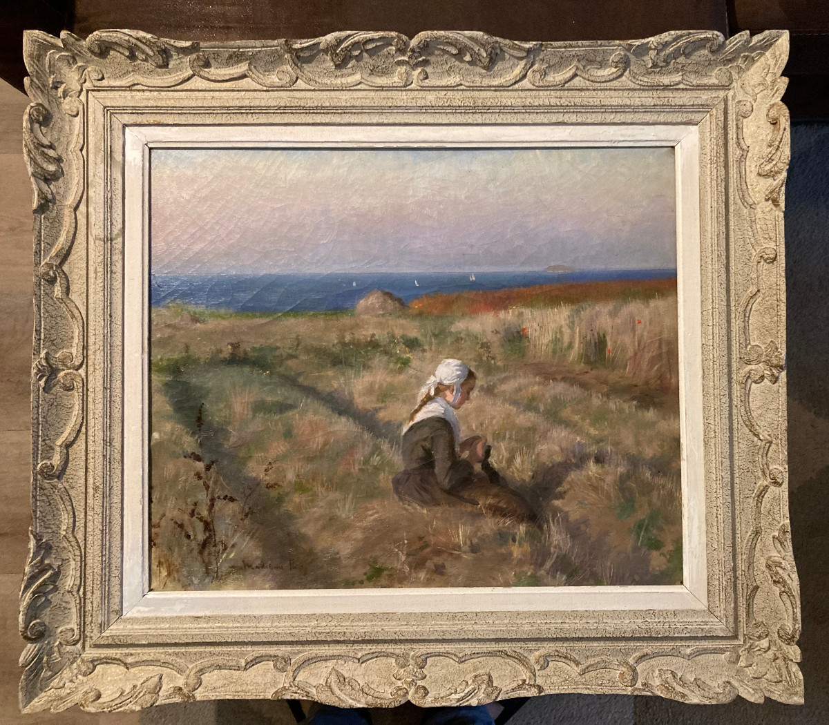 Young Breton Girl By The Sea. Oil On Canvas By Madeleine Fleury. (1860-1940) French School.