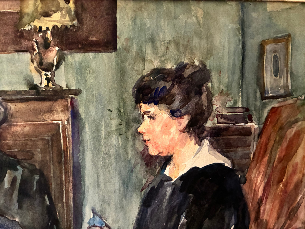 Aquarelle . joueurs de cartes . Vers 1940. non signé.-photo-4