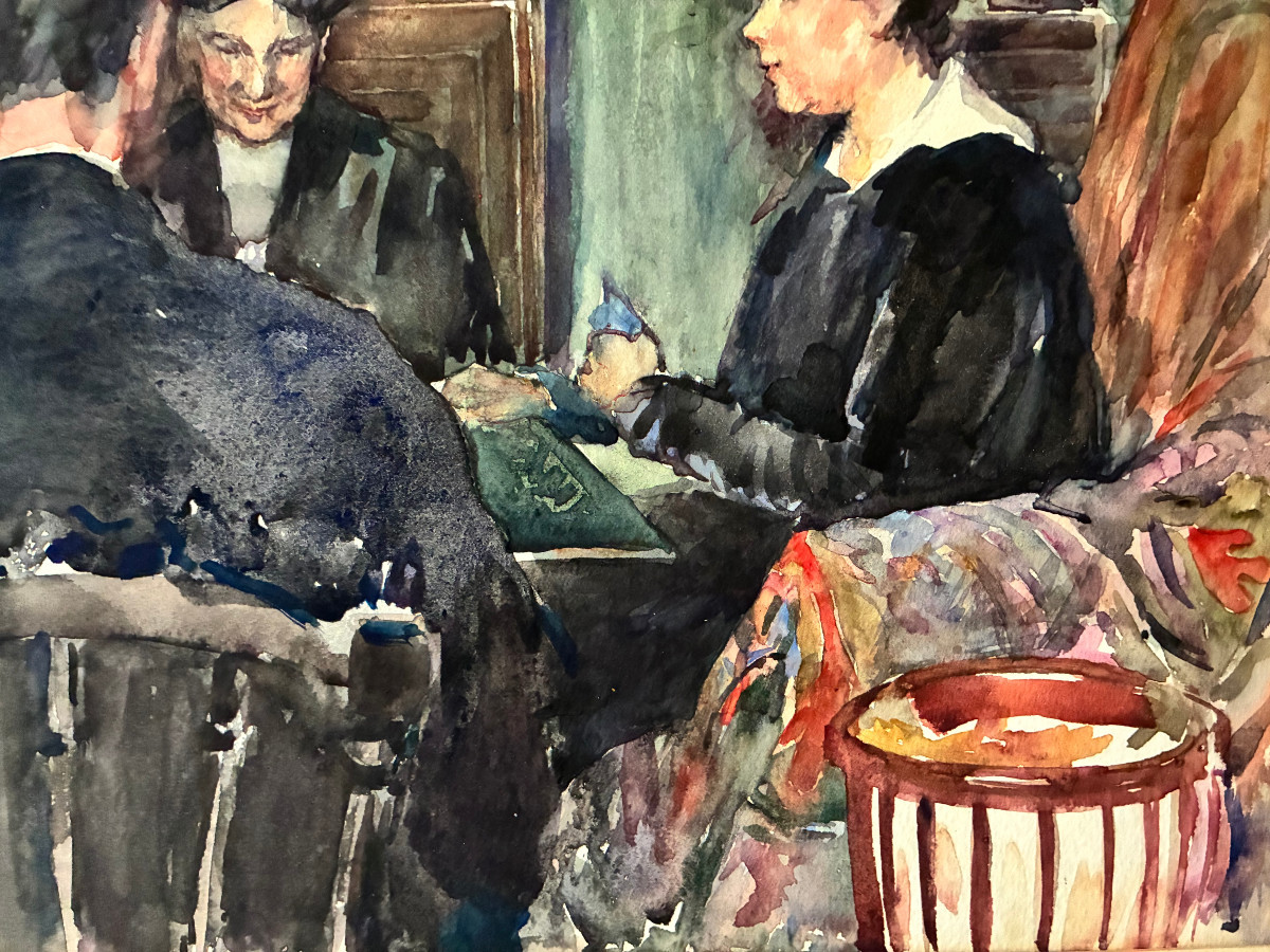 Aquarelle . joueurs de cartes . Vers 1940. non signé.-photo-1