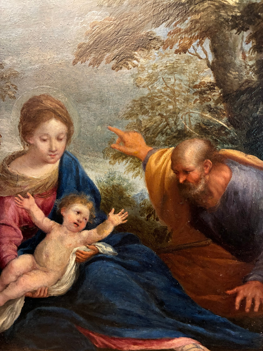 Resting During The Flight To Egypt. 17th Century. Copper, Cantarini Surround. Bolonese School.-photo-2