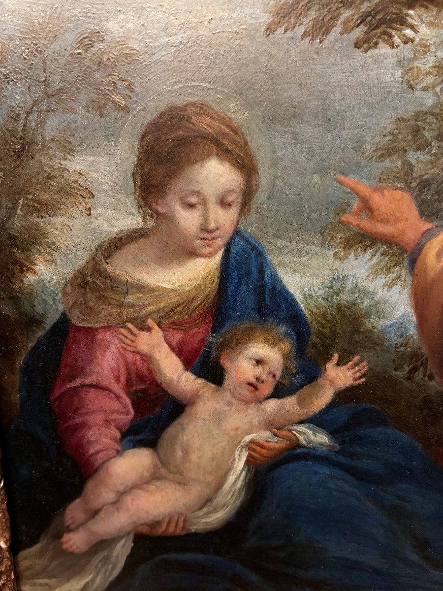 Resting During The Flight To Egypt. 17th Century. Copper, Cantarini Surround. Bolonese School.-photo-1