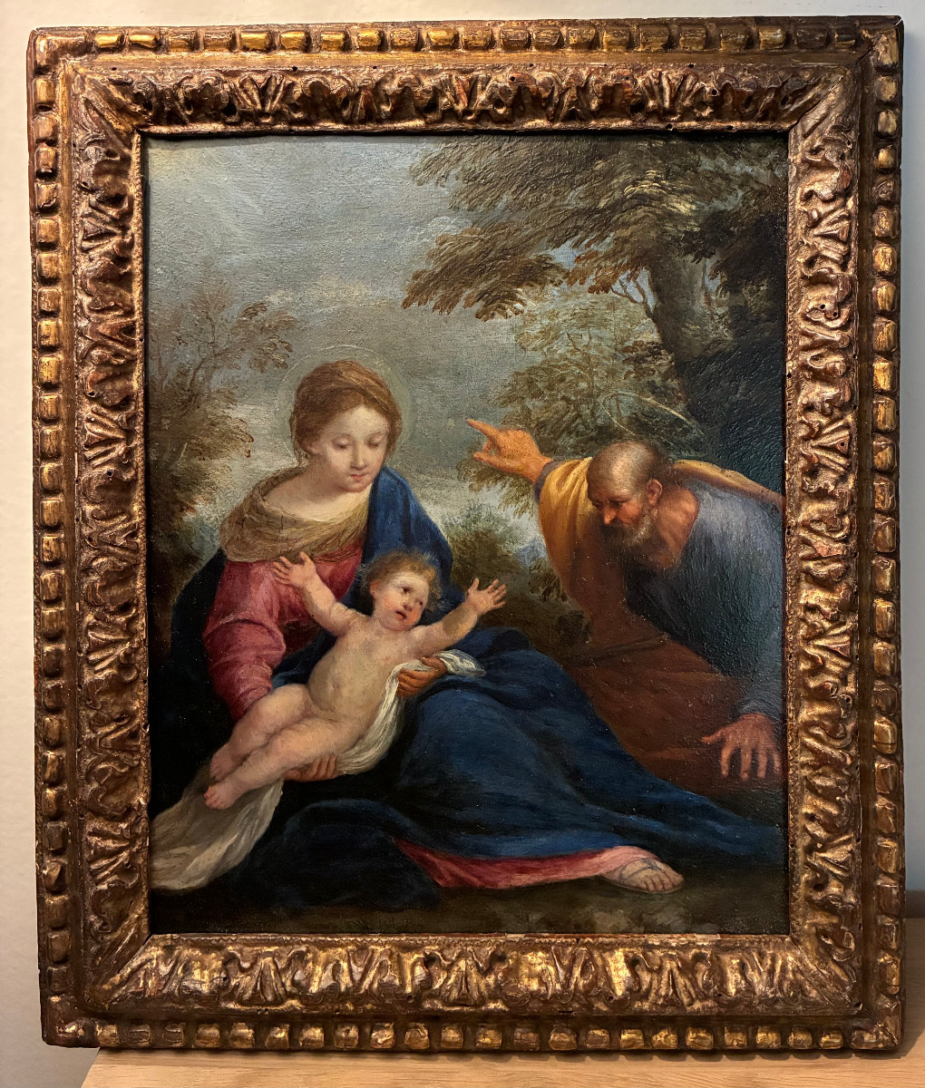 Resting During The Flight To Egypt. 17th Century. Copper, Cantarini Surround. Bolonese School.