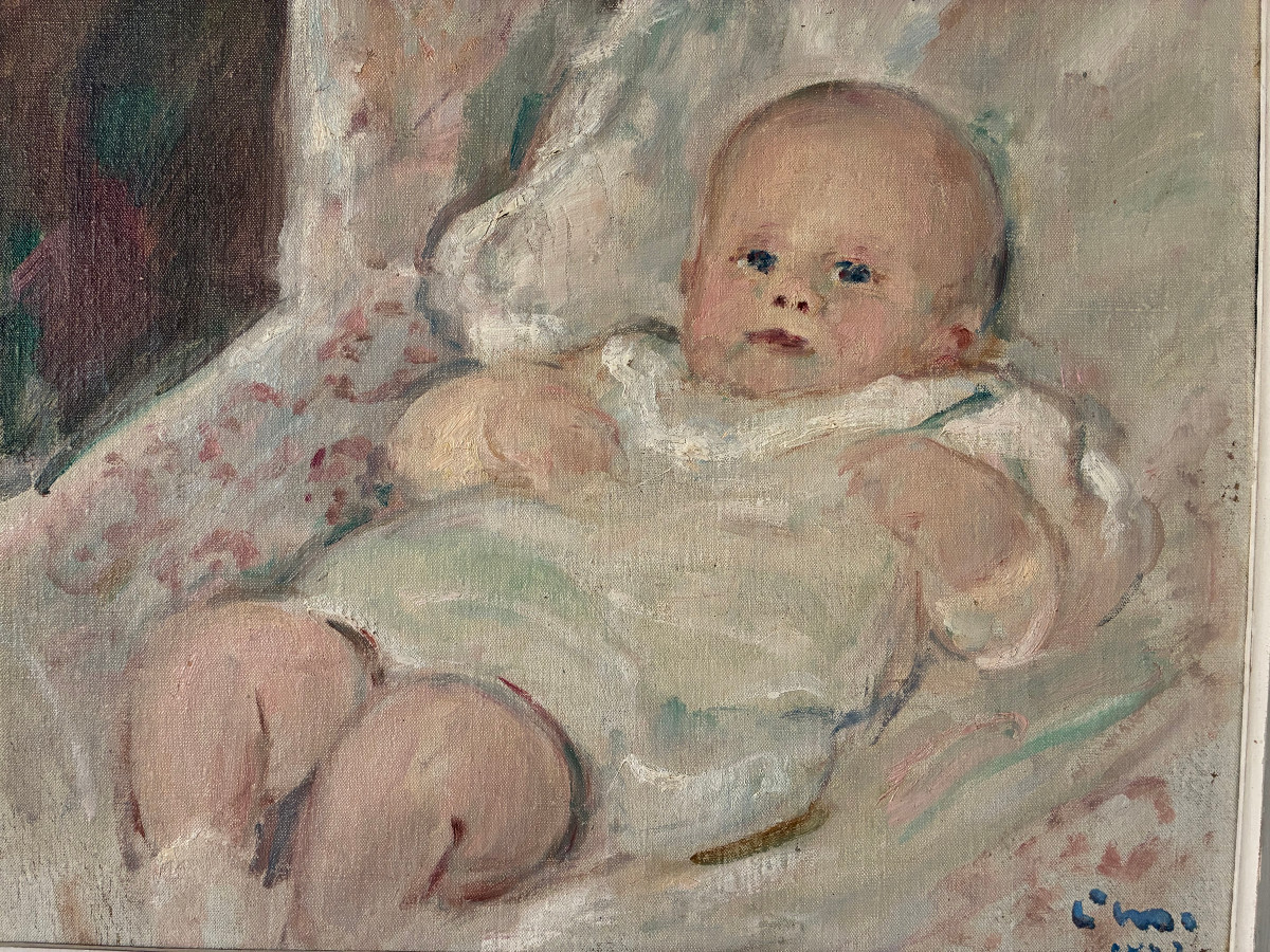 Adorable poupon. Louis Henri de Meuron. (1868-1949). Huile sur toile marouflée.-photo-2