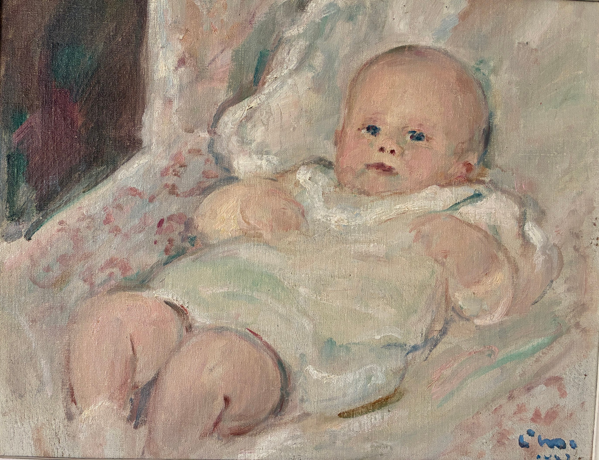 Adorable poupon. Louis Henri de Meuron. (1868-1949). Huile sur toile marouflée.-photo-3