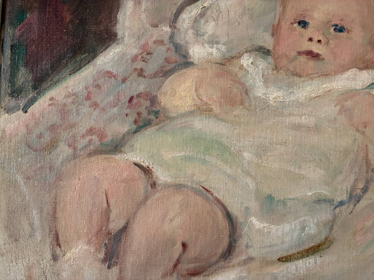 Adorable poupon. Louis Henri de Meuron. (1868-1949). Huile sur toile marouflée.-photo-2
