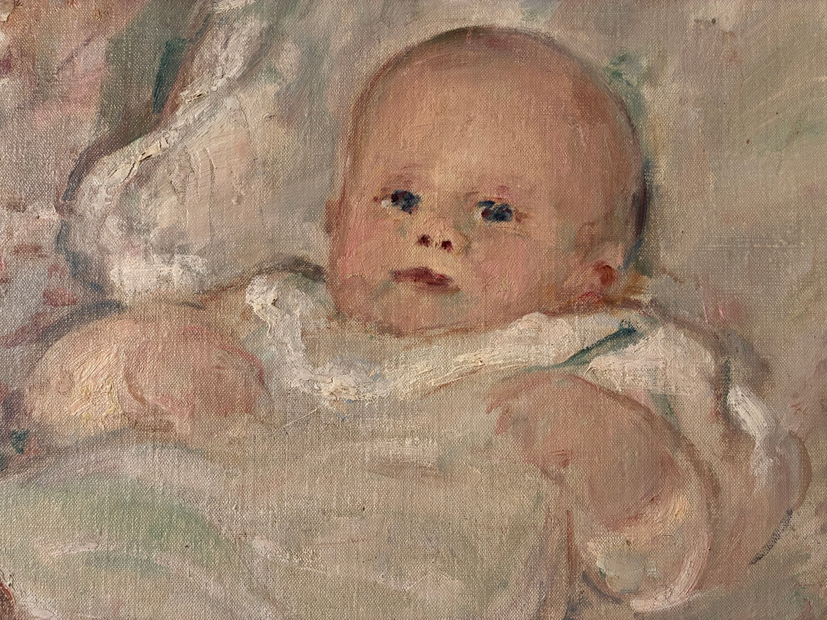 Adorable poupon. Louis Henri de Meuron. (1868-1949). Huile sur toile marouflée.-photo-4
