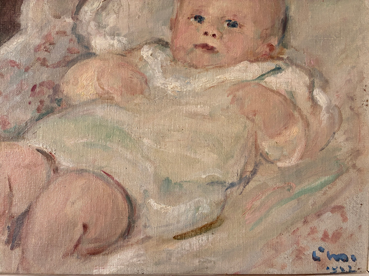 Adorable poupon. Louis Henri de Meuron. (1868-1949). Huile sur toile marouflée.-photo-6