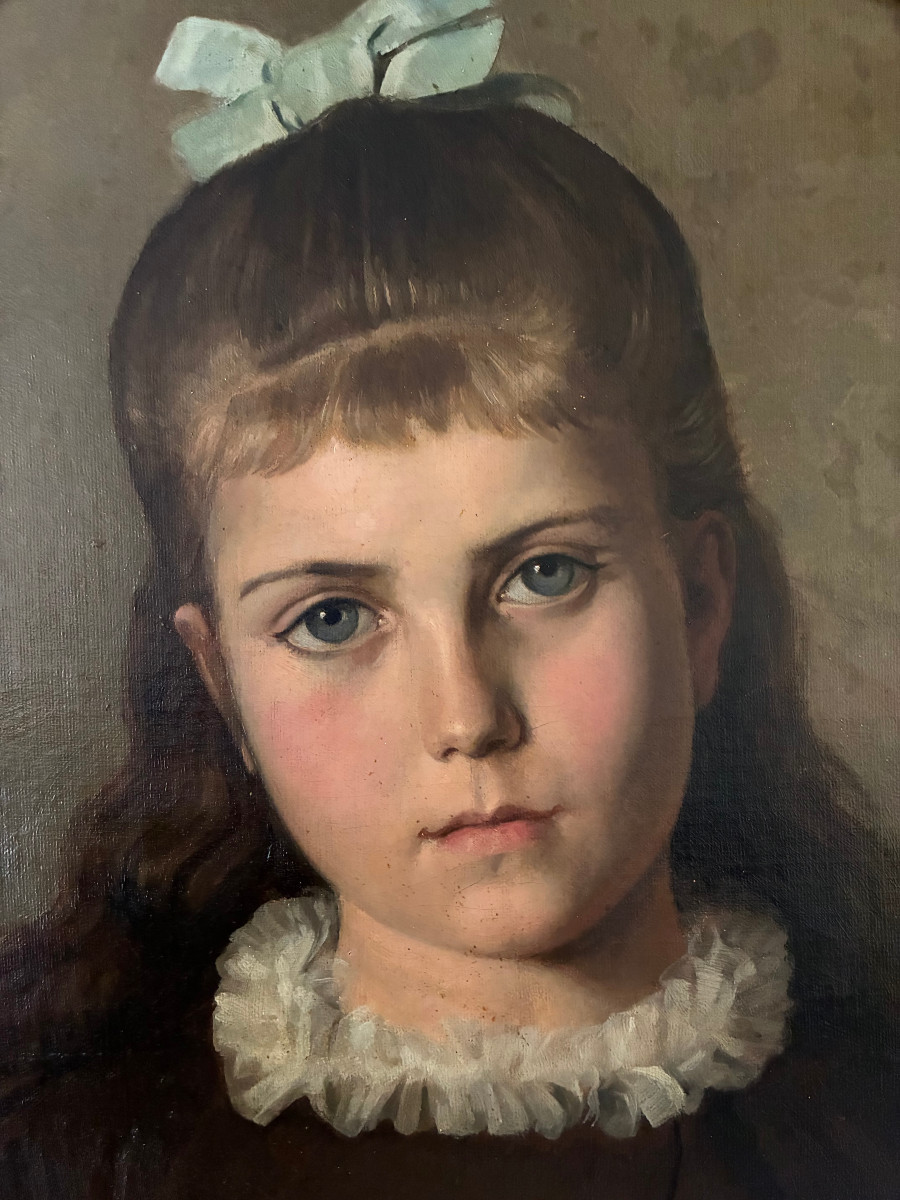 Portrait de fillette  et sa poupée . Toile de l' école française ddu XIXème.-photo-2