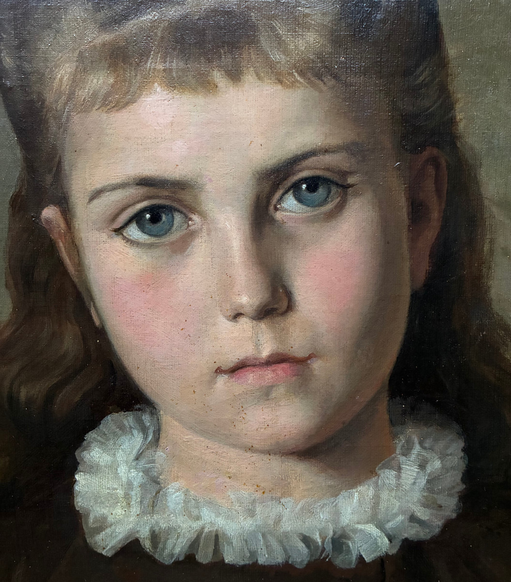 Portrait de fillette  et sa poupée . Toile de l' école française ddu XIXème.-photo-3