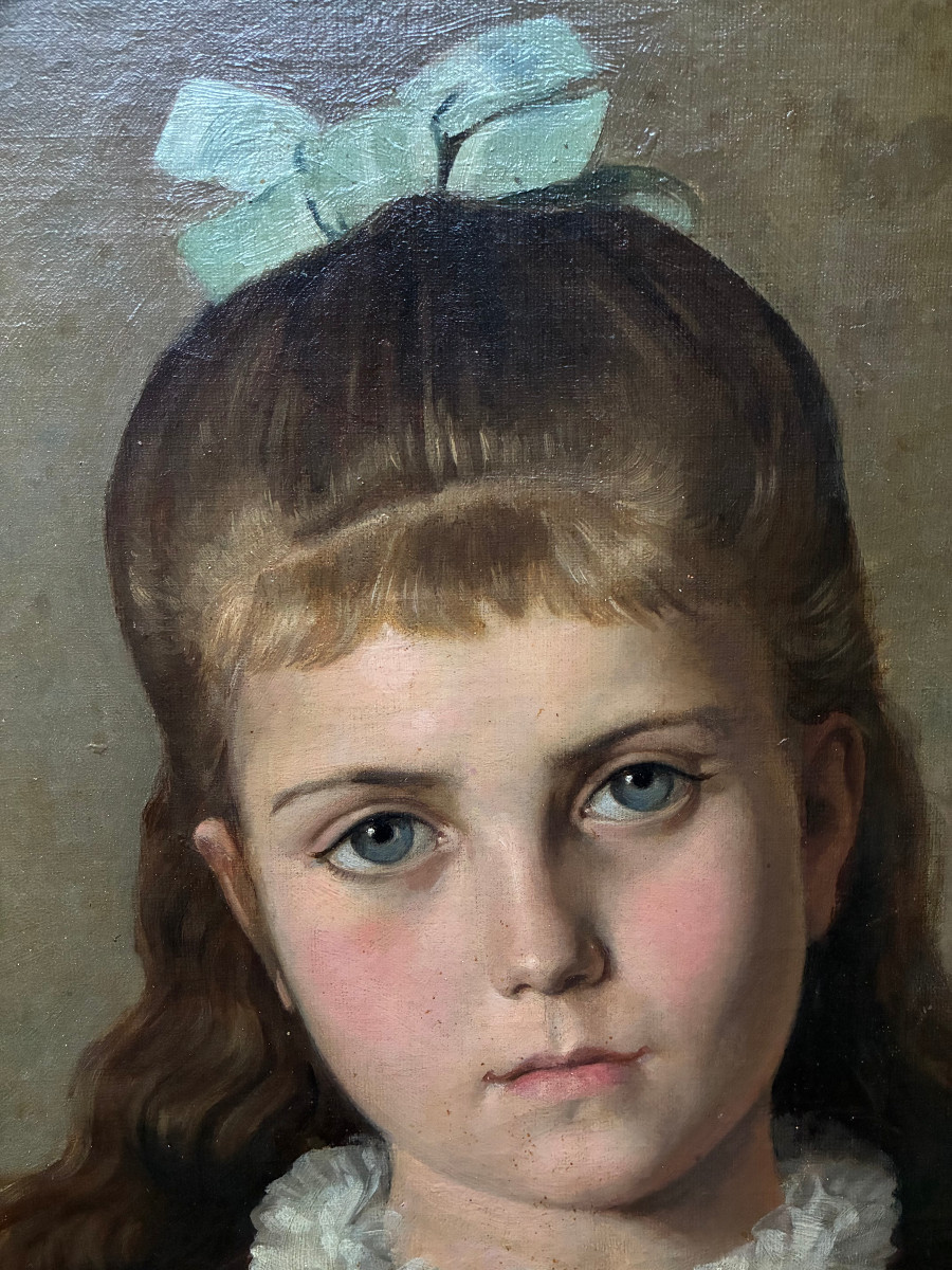 Portrait de fillette  et sa poupée . Toile de l' école française ddu XIXème.-photo-4