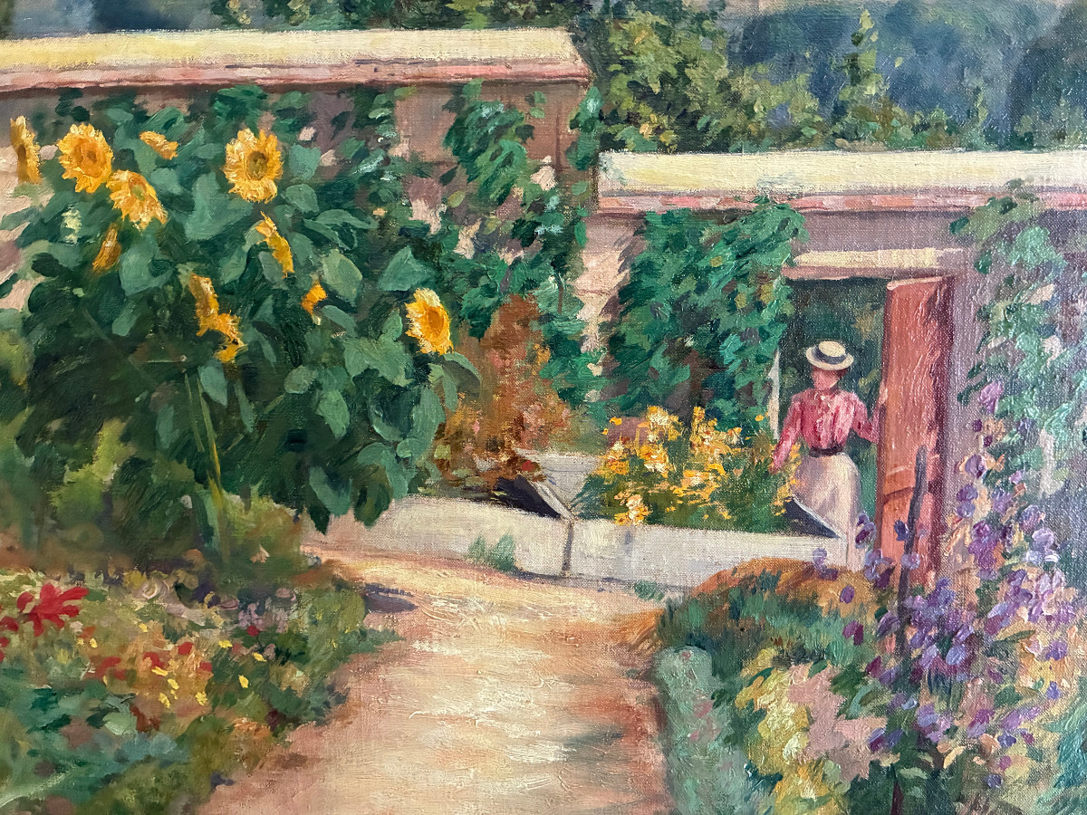 La visite au jardin. Huile sur toile impressionniste de  Henri Charles Julien Havet. Vers 1890.-photo-4