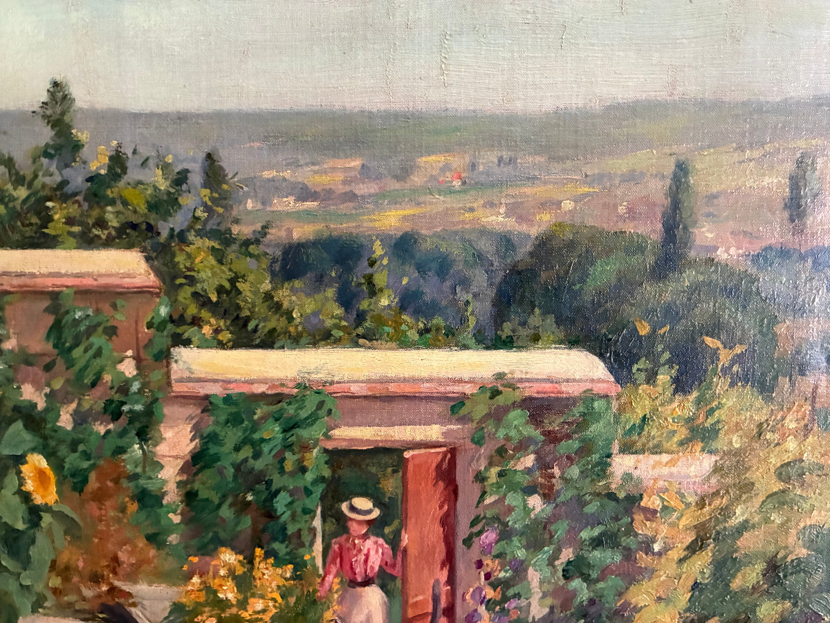 La visite au jardin. Huile sur toile impressionniste de  Henri Charles Julien Havet. Vers 1890.-photo-1