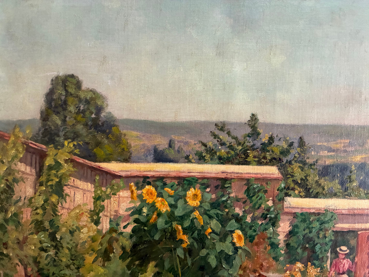 La visite au jardin. Huile sur toile impressionniste de  Henri Charles Julien Havet. Vers 1890.-photo-2