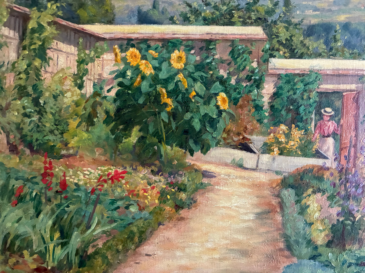 La visite au jardin. Huile sur toile impressionniste de  Henri Charles Julien Havet. Vers 1890.-photo-3