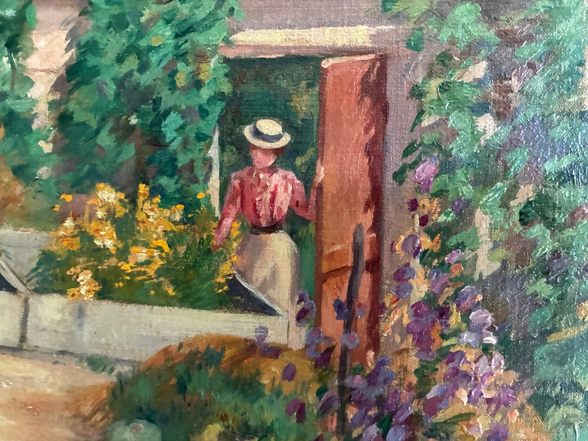La visite au jardin. Huile sur toile impressionniste de  Henri Charles Julien Havet. Vers 1890.-photo-4