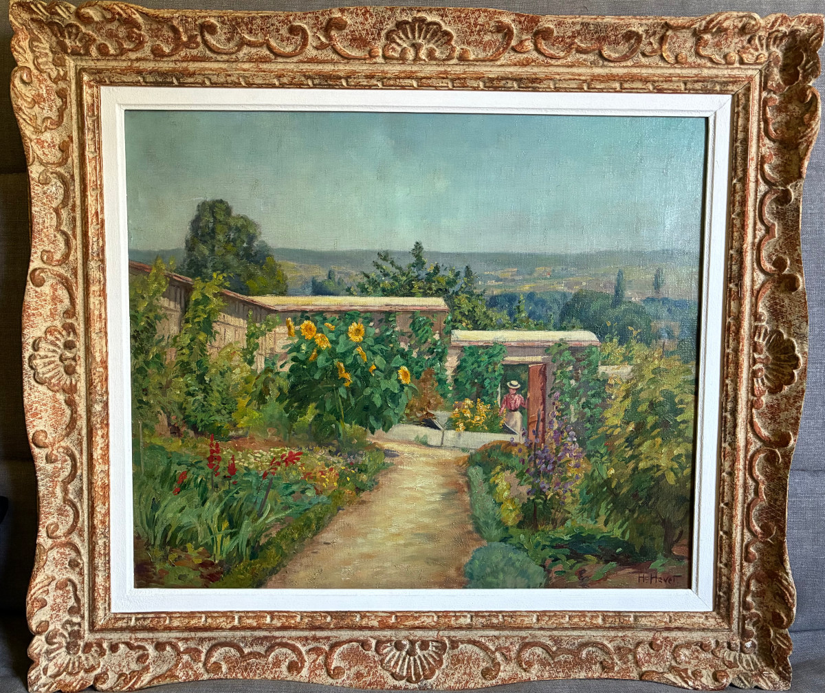 La visite au jardin. Huile sur toile impressionniste de  Henri Charles Julien Havet. Vers 1890.