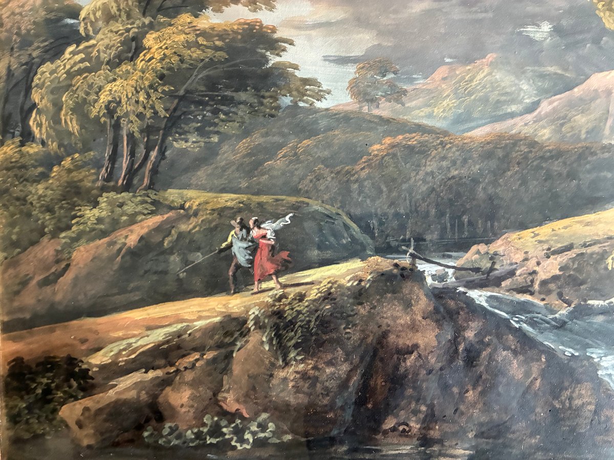Coup de vent avant l' orage. Gouache Ecole Française du début du  XIXème siècle .-photo-2