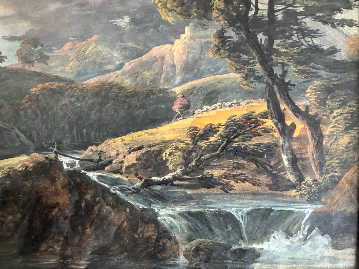 Coup de vent avant l' orage. Gouache Ecole Française du début du  XIXème siècle .-photo-4