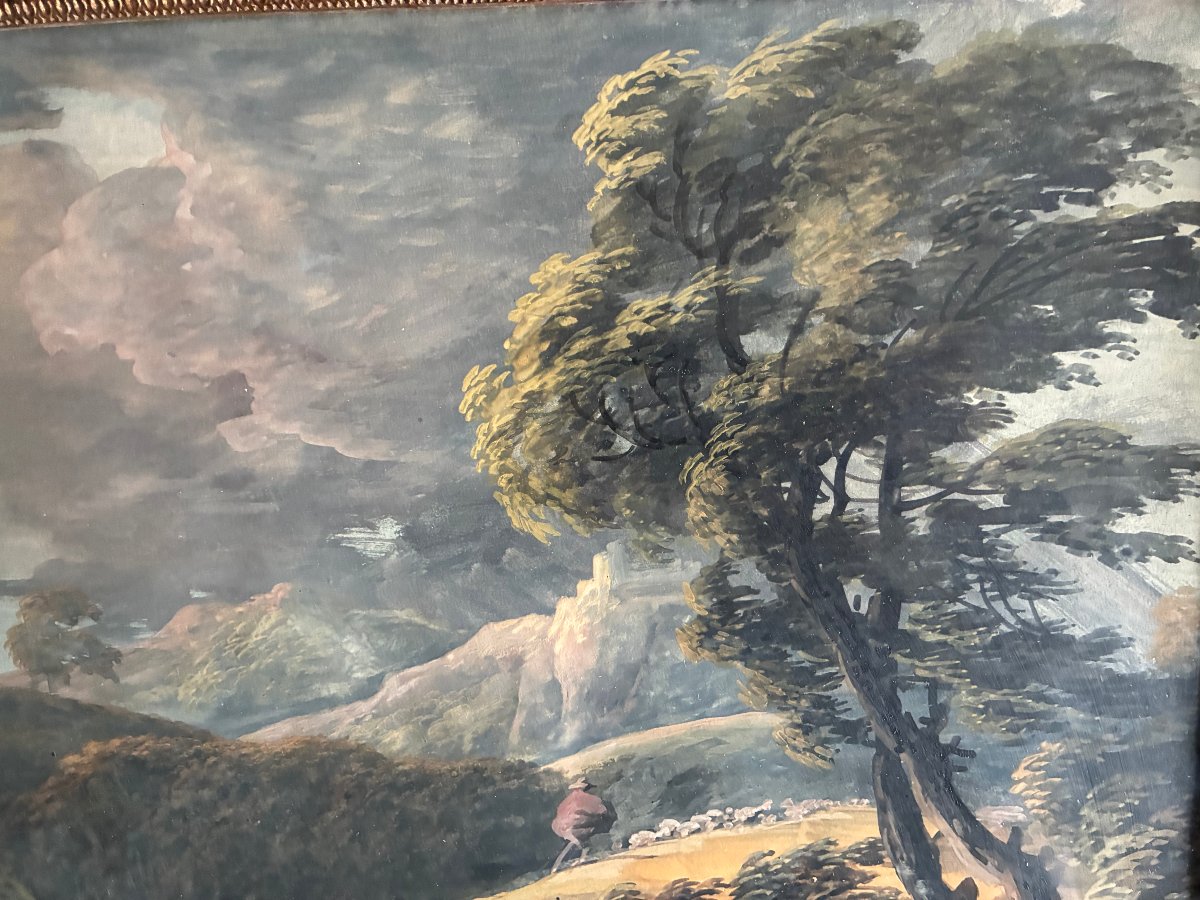 Coup de vent avant l' orage. Gouache Ecole Française du début du  XIXème siècle .-photo-1