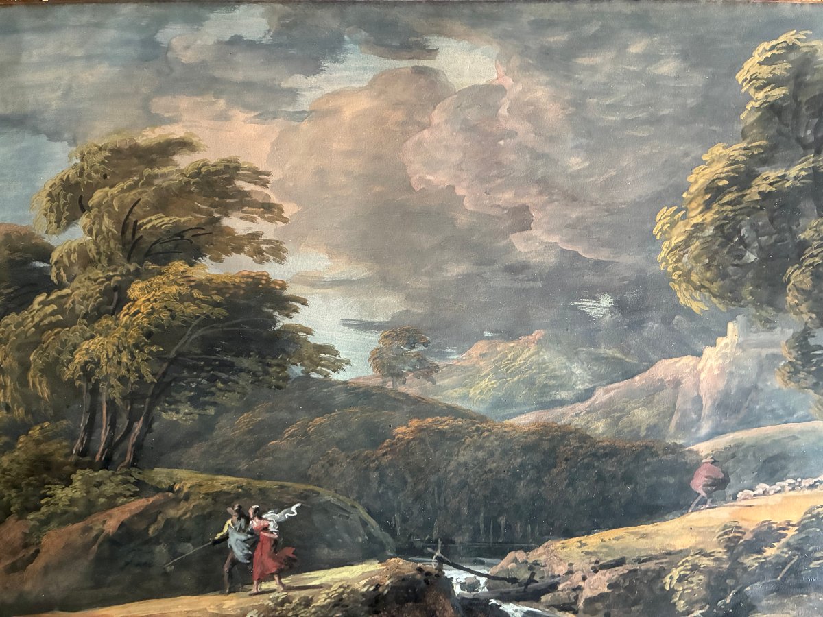 Coup de vent avant l' orage. Gouache Ecole Française du début du  XIXème siècle .-photo-2