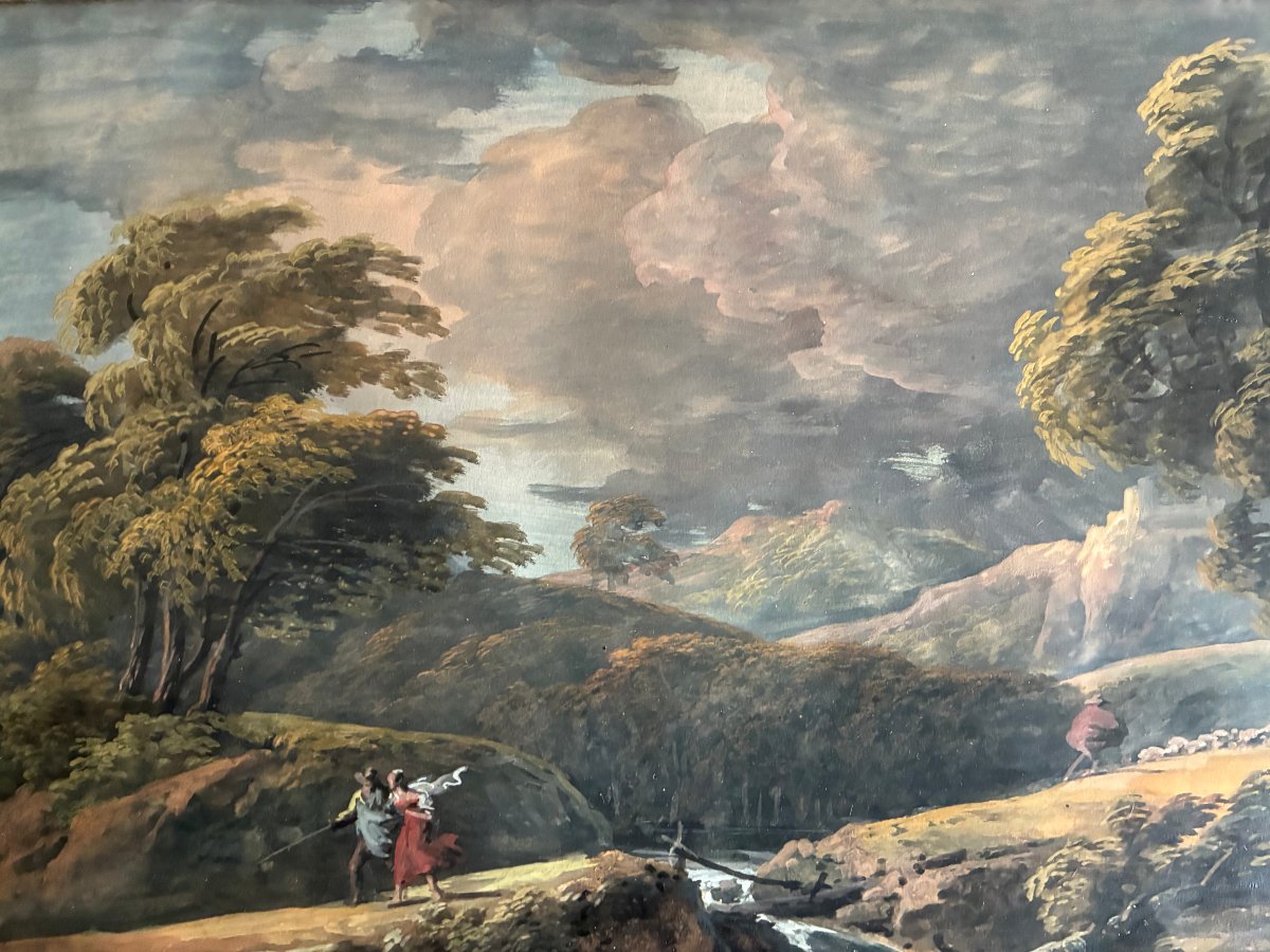 Coup de vent avant l' orage. Gouache Ecole Française du début du  XIXème siècle .-photo-3