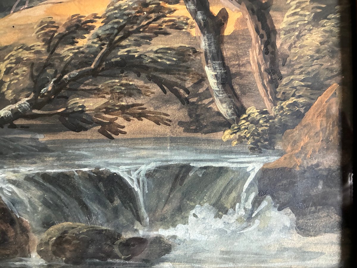 Coup de vent avant l' orage. Gouache Ecole Française du début du  XIXème siècle .-photo-5