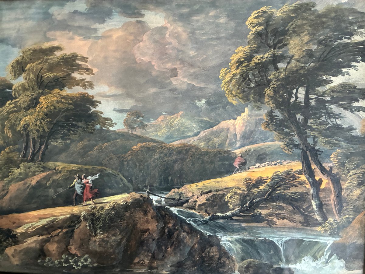 Coup de vent avant l' orage. Gouache Ecole Française du début du  XIXème siècle .-photo-6