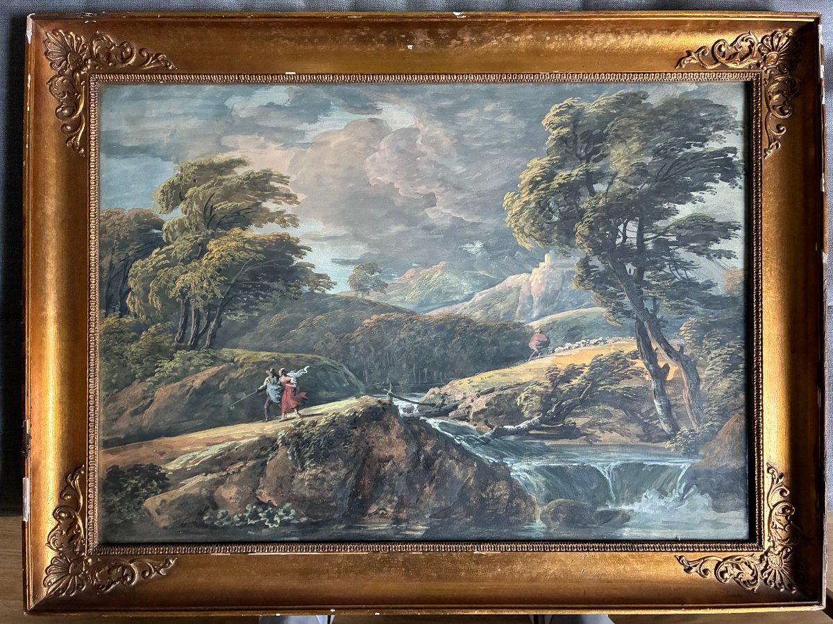 Coup de vent avant l' orage. Gouache Ecole Française du début du  XIXème siècle .-photo-8