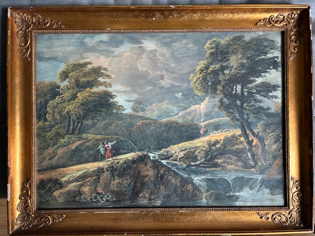 Coup de vent avant l' orage. Gouache Ecole Française du début du  XIXème siècle .