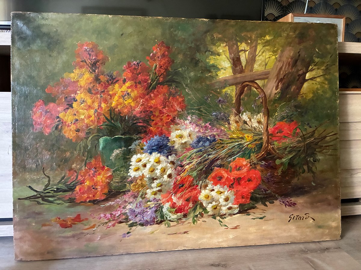 Grande huile sur toile. Composition florale dans un sous-bois.-photo-2