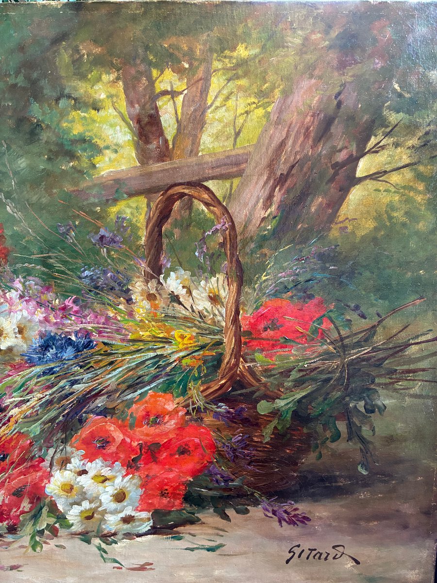 Grande huile sur toile. Composition florale dans un sous-bois.-photo-3