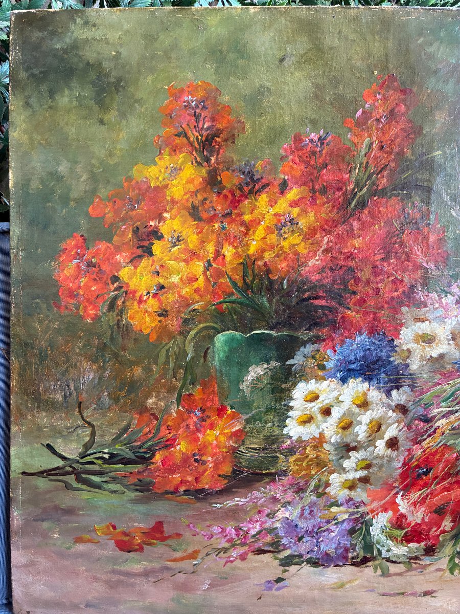 Grande huile sur toile. Composition florale dans un sous-bois.-photo-4