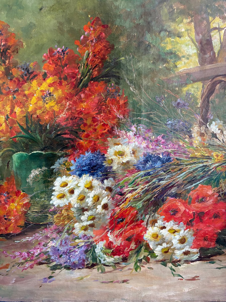 Grande huile sur toile. Composition florale dans un sous-bois.-photo-1