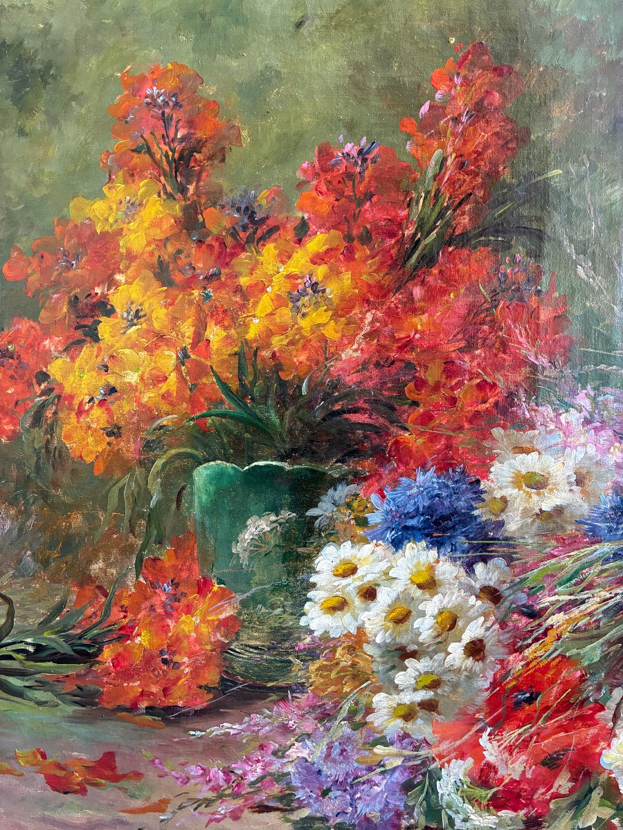 Grande huile sur toile. Composition florale dans un sous-bois.-photo-2